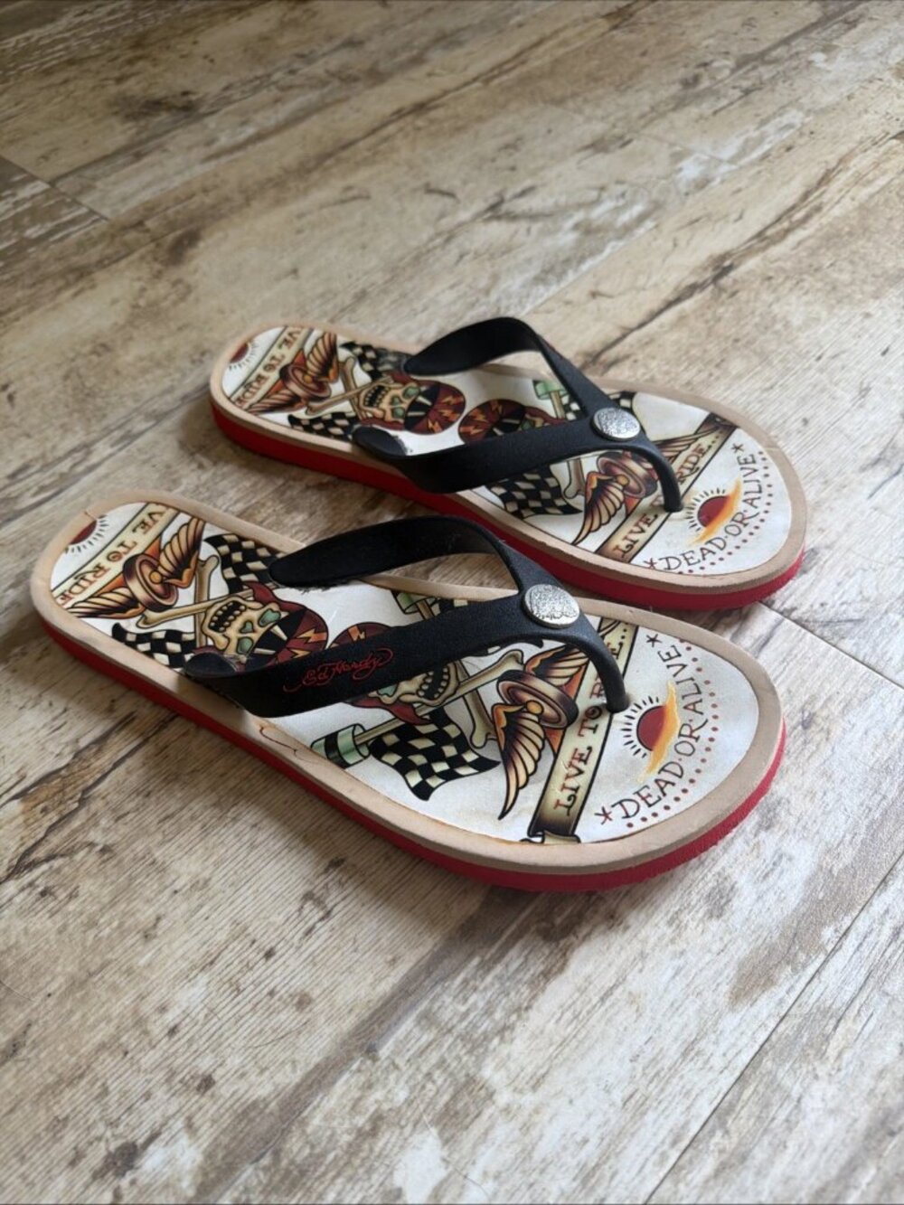 VTG ED HARDY Live To Ride Dead Or Alive Tattoo Style Flip Flops Men’s 11